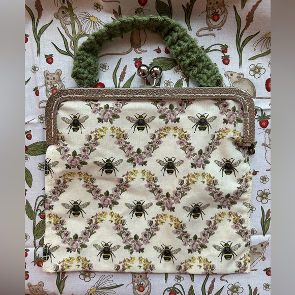 Handmade Bee & Floral Print Cotton Hand Bag / Cosmetic Pouch - Picture 2 of 4